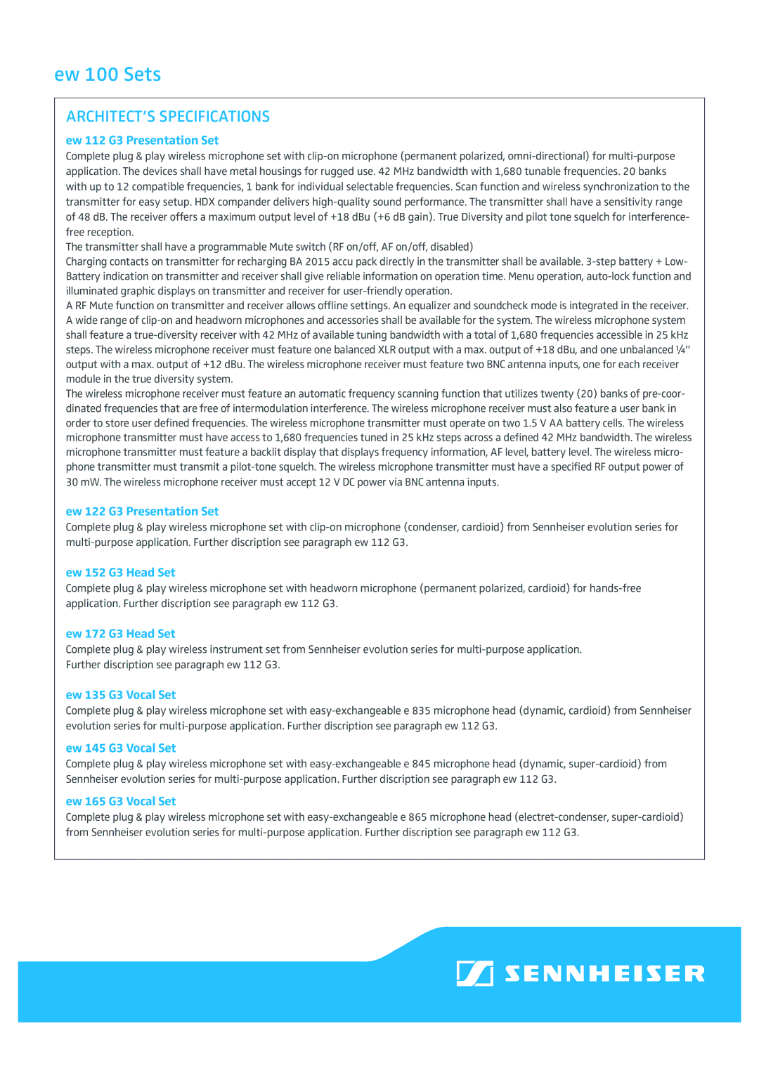 Sennheiser ew 172 G3, ew 152 G3, ew 112 G3, ew 135/145/165 G3 manual ARCHITECT’S Specifications 