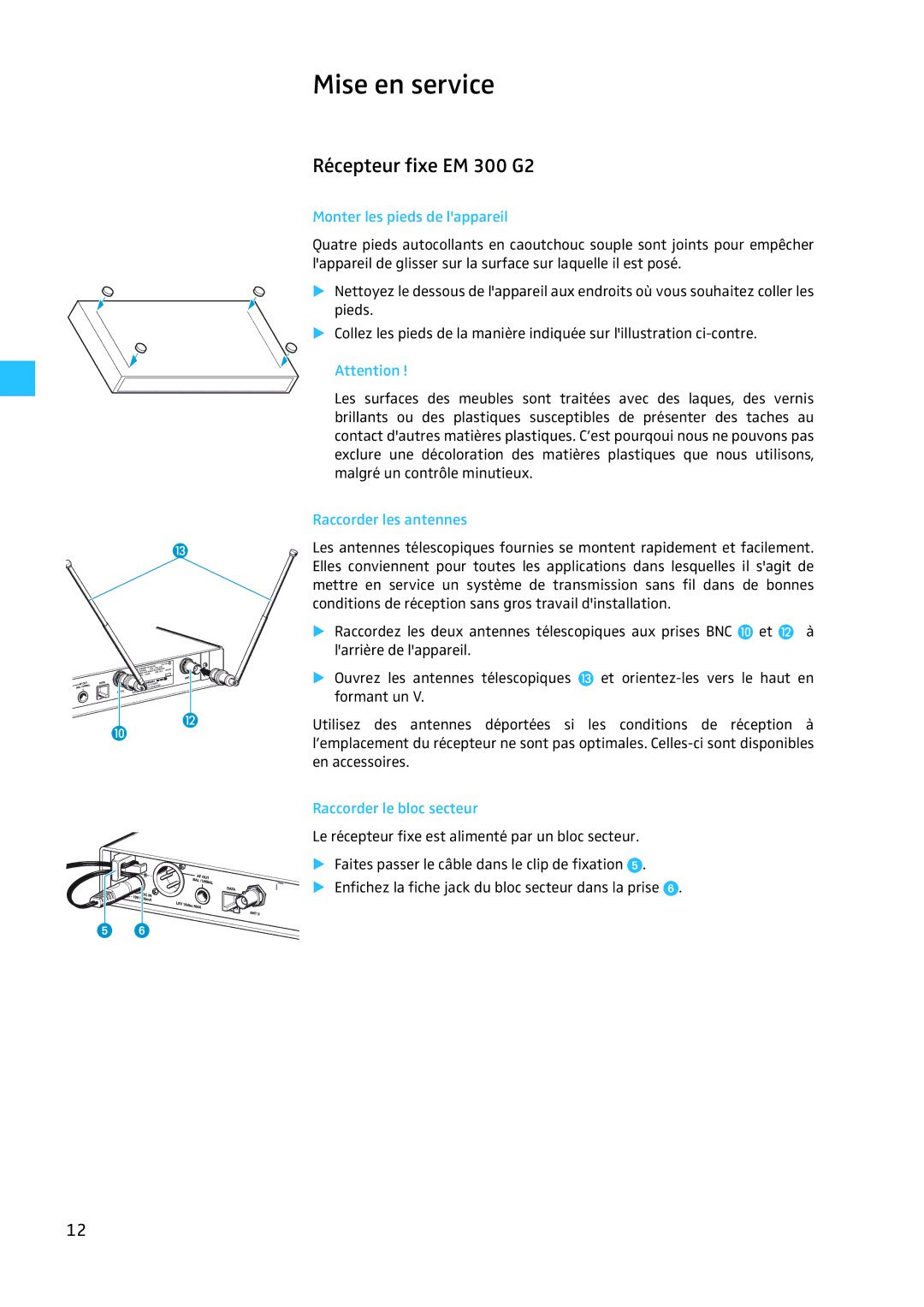 Sennheiser EW 300 G2 Mise en service, Monter les pieds de lappareil, Raccorder les antennes, Raccorder le bloc secteur 