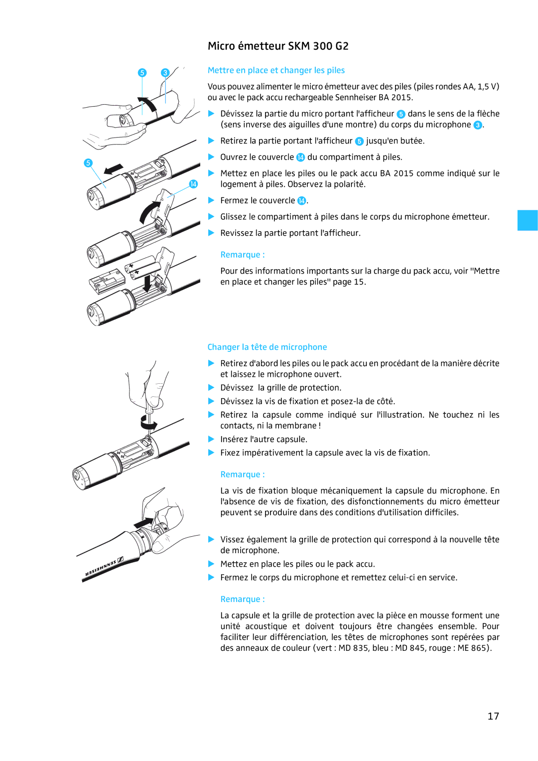 Sennheiser EW 300 G2 manual Micro émetteur SKM 300 G2, Changer la tête de microphone 