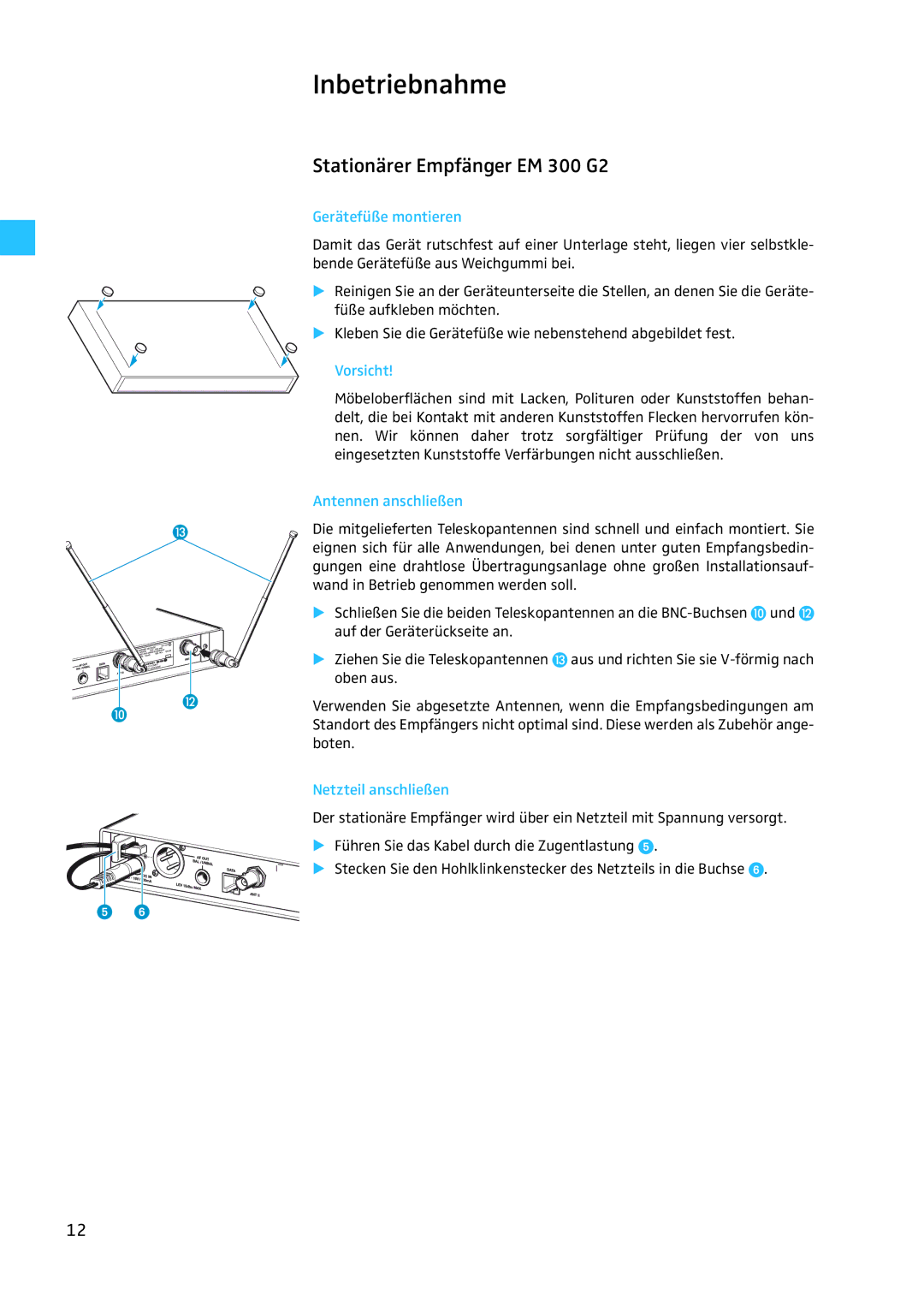 Sennheiser EW 300 G2 manual Inbetriebnahme, Gerätefüße montieren, Vorsicht, Antennen anschließen, Netzteil anschließen 