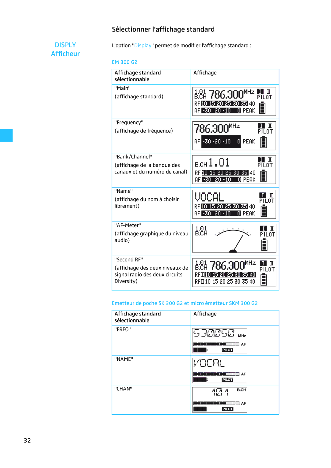 Sennheiser EW 300 G2 manual Sélectionner laffichage standard, Emetteur de poche SK 300 G2 et micro émetteur SKM 300 G2 