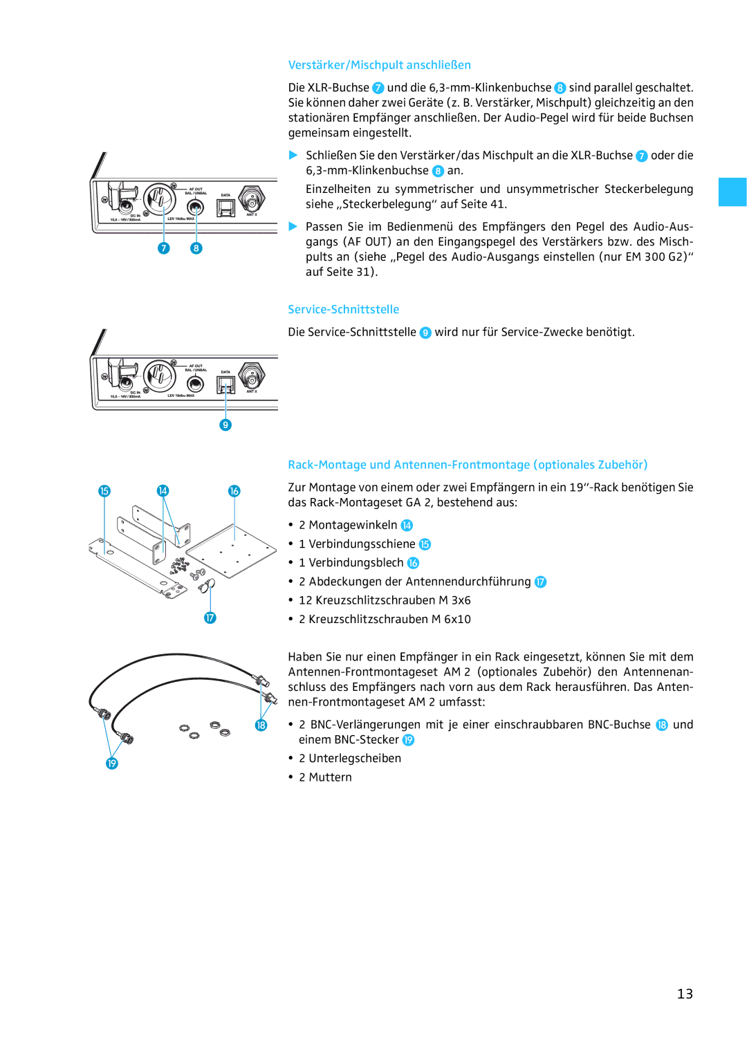 Sennheiser EW 300 G2 manual Verstärker/Mischpult anschließen, Service-Schnittstelle 