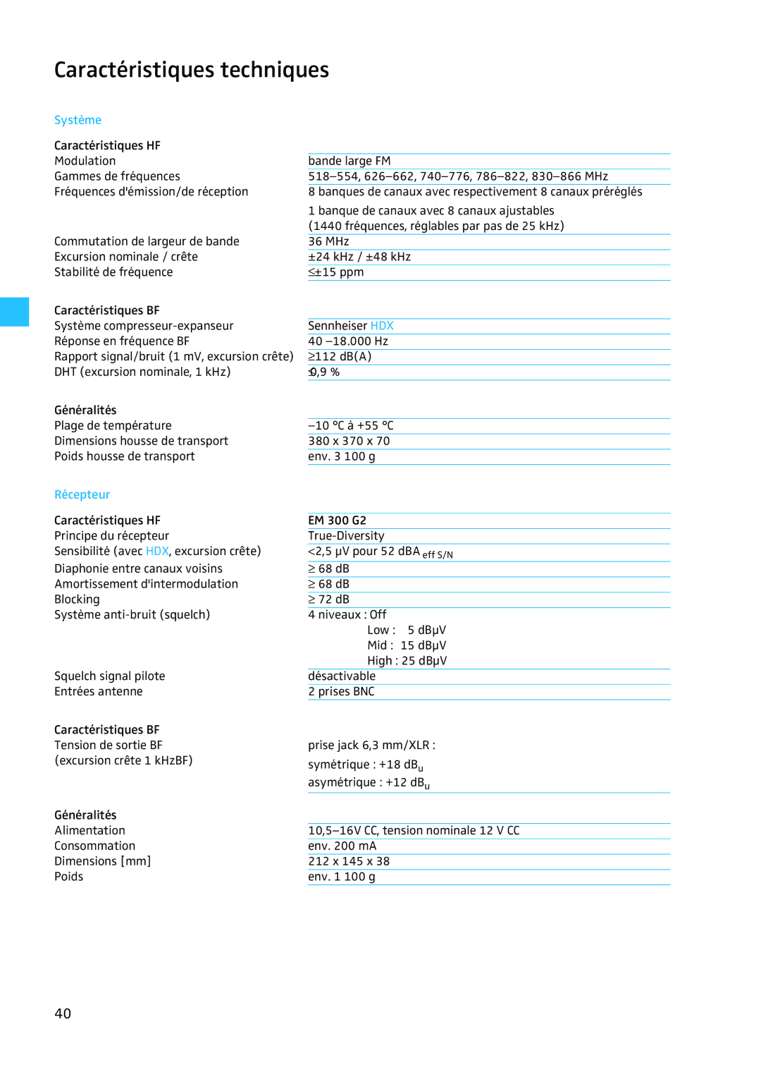 Sennheiser EW 300 G2 manual Caractéristiques techniques, Système, Récepteur 