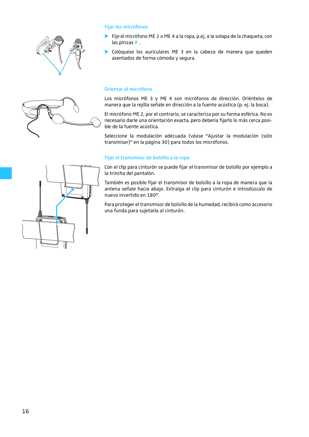 Sennheiser EW 300 G2 manual Fijar los micrófonos, Orientar el micrófono, Fijar el transmisor de bolsillo a la ropa 