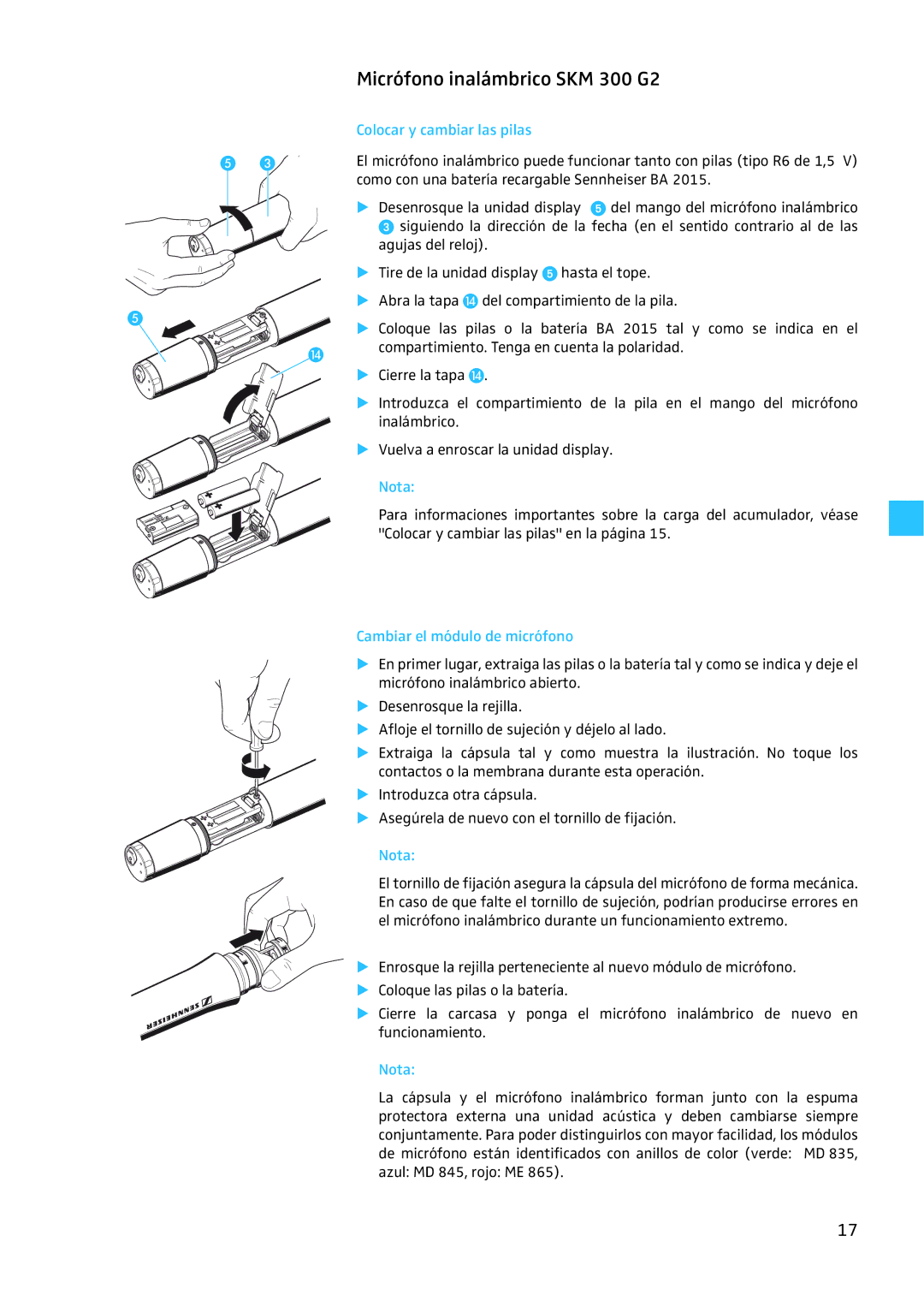 Sennheiser EW 300 G2 manual Micrófono inalámbrico SKM 300 G2, Cambiar el módulo de micrófono 