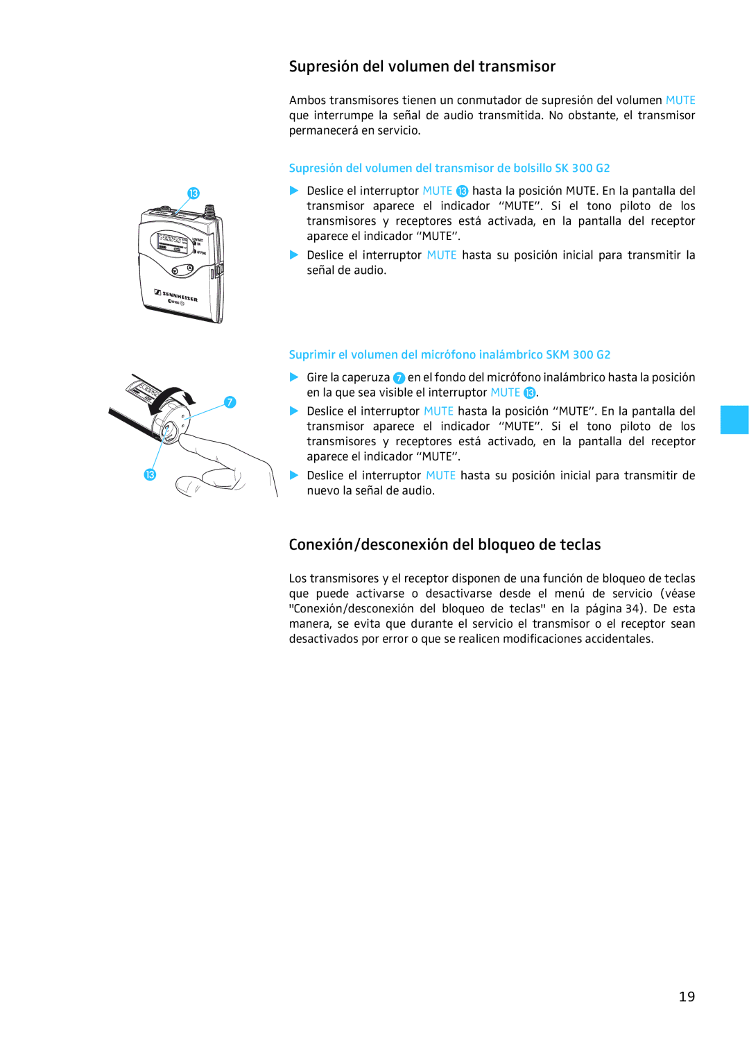 Sennheiser EW 300 G2 manual Supresión del volumen del transmisor, Conexión/desconexión del bloqueo de teclas 