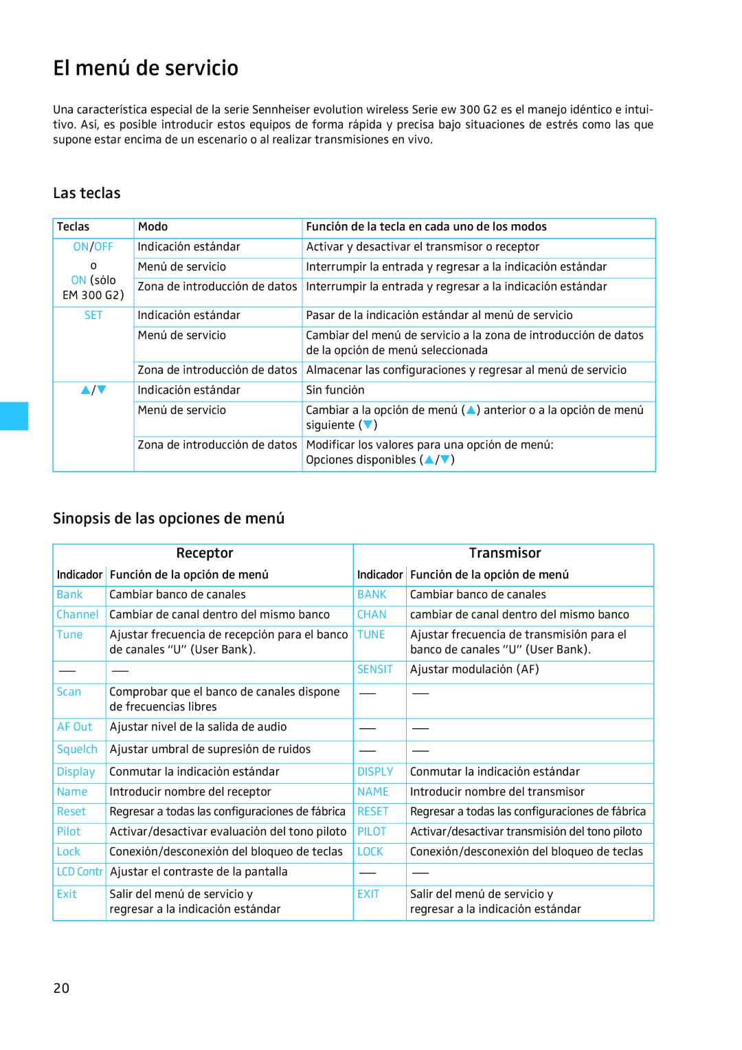 Sennheiser EW 300 G2 manual El menú de servicio, Las teclas, Sinopsis de las opciones de menú 