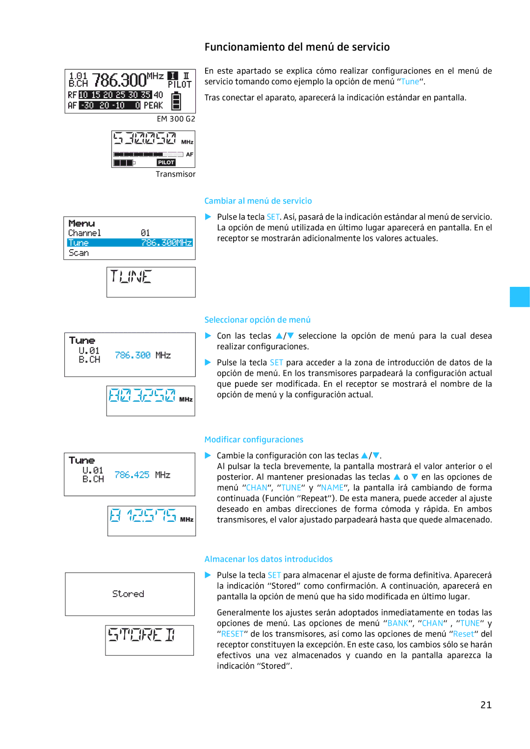 Sennheiser EW 300 G2 manual Funcionamiento del menú de servicio, Cambiar al menú de servicio, Seleccionar opción de menú 