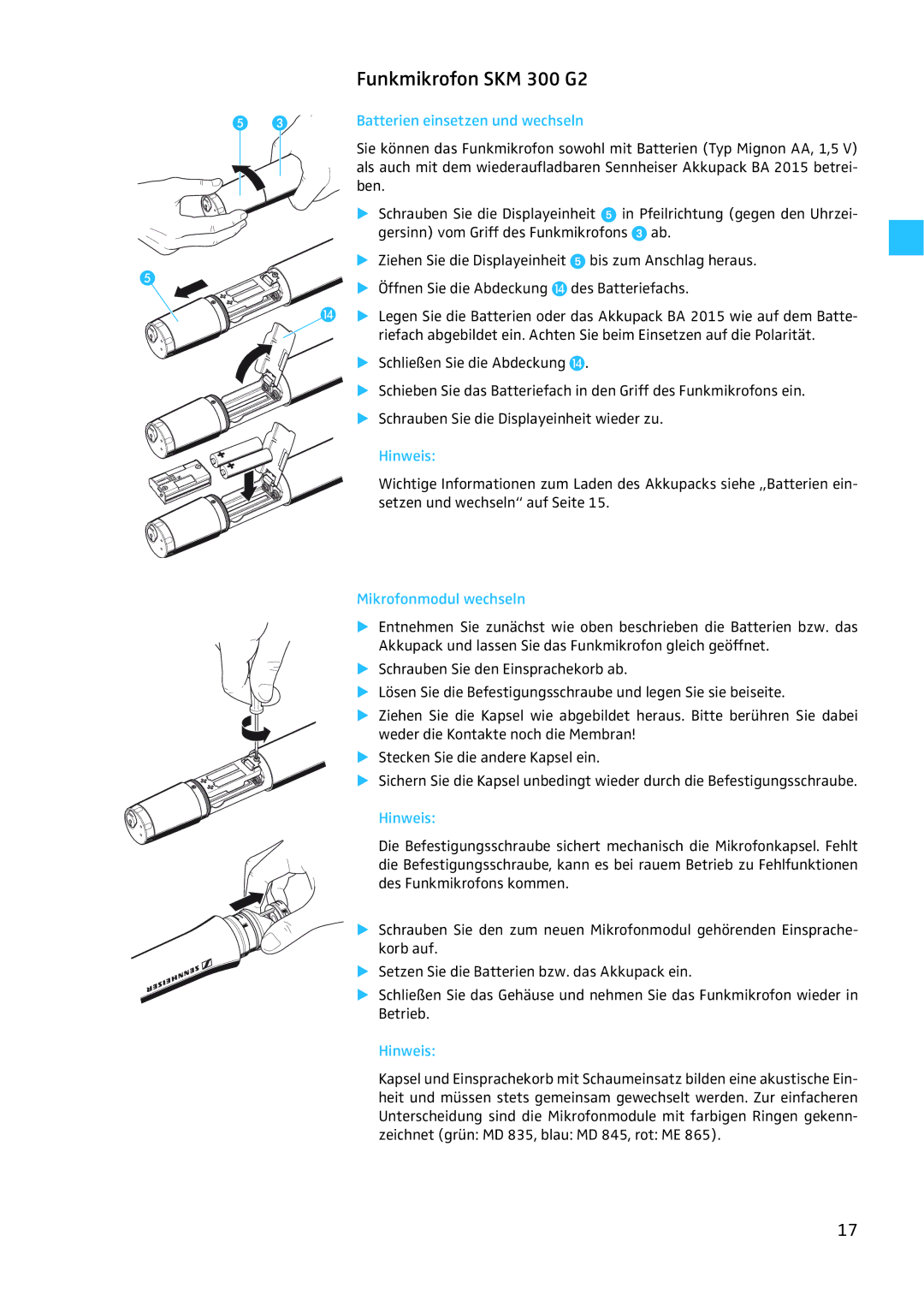 Sennheiser EW 300 G2 manual Funkmikrofon SKM 300 G2, Mikrofonmodul wechseln 