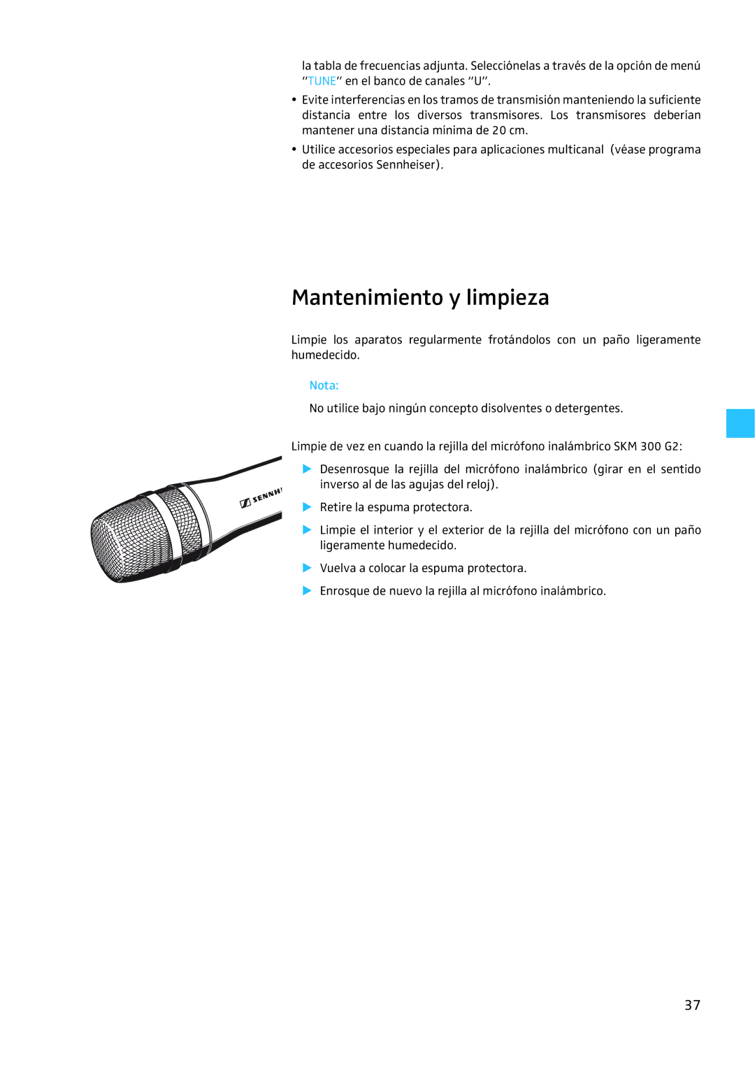 Sennheiser EW 300 G2 manual Mantenimiento y limpieza, Nota 