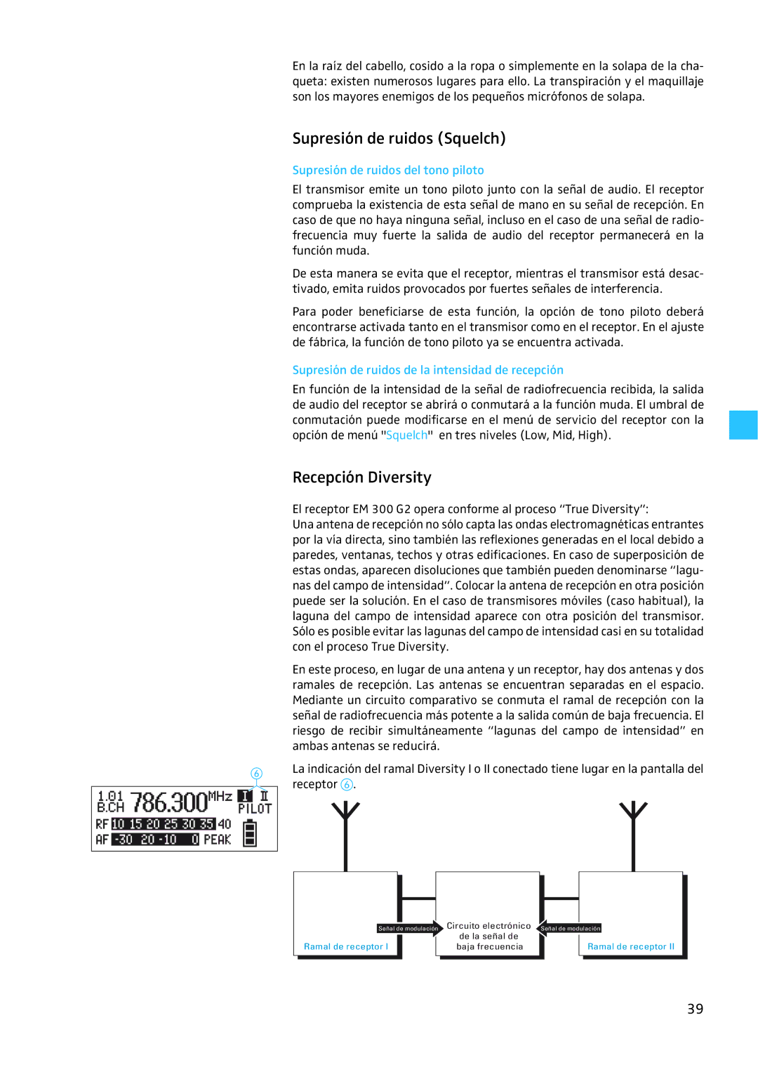 Sennheiser EW 300 G2 manual Supresión de ruidos Squelch, Recepción Diversity, Supresión de ruidos del tono piloto 