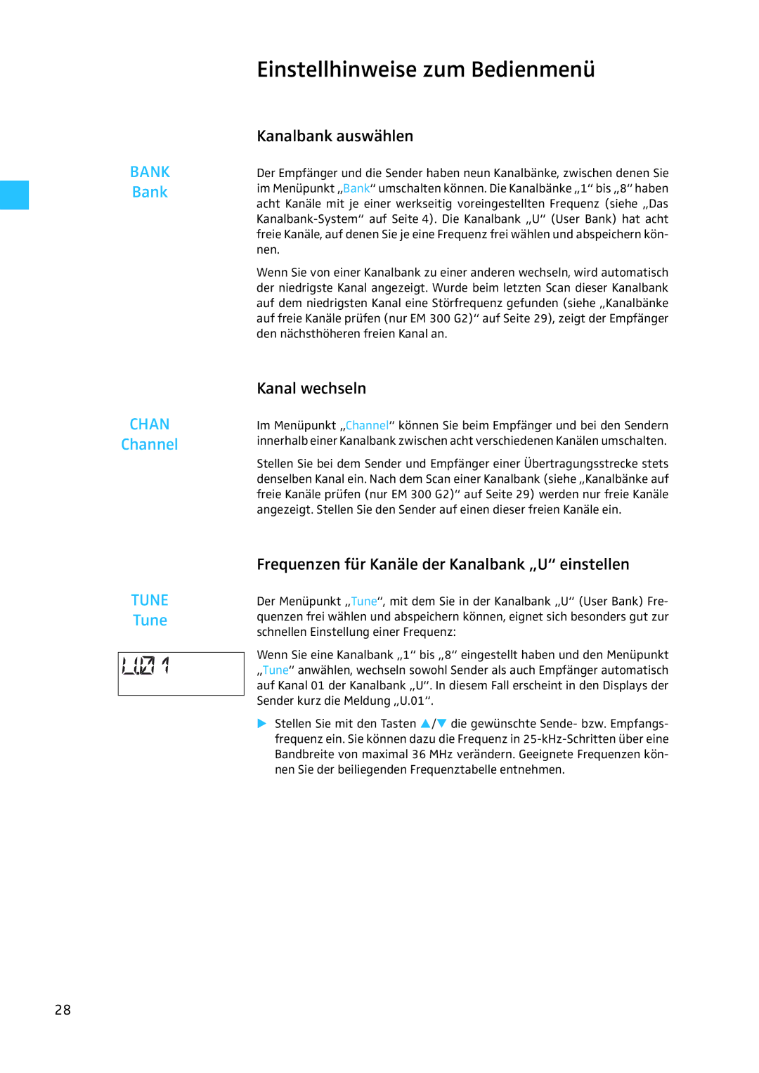 Sennheiser EW 300 G2 manual Einstellhinweise zum Bedienmenü, Kanalbank auswählen, Kanal wechseln 