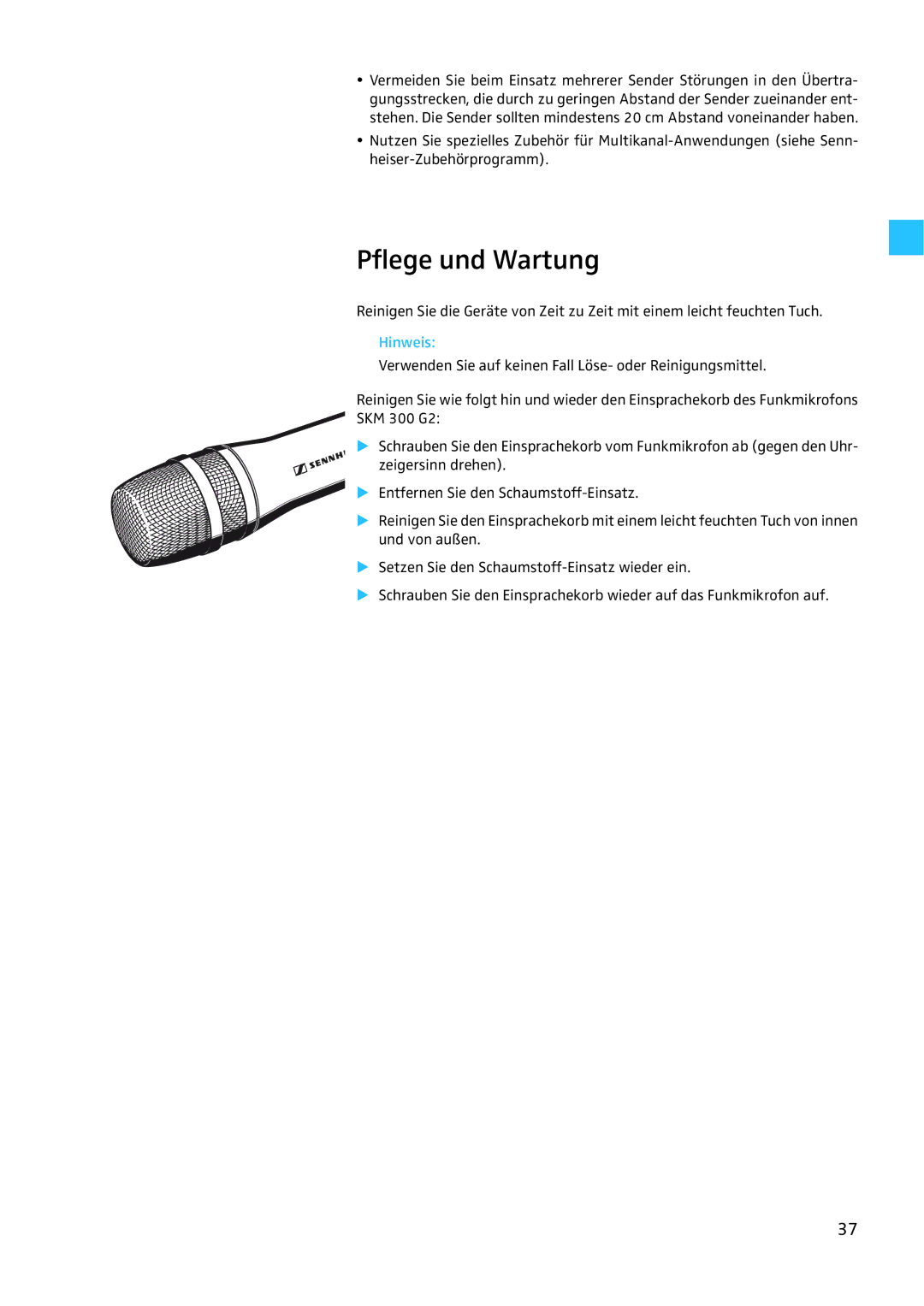 Sennheiser EW 300 G2 manual Pflege und Wartung, Hinweis 