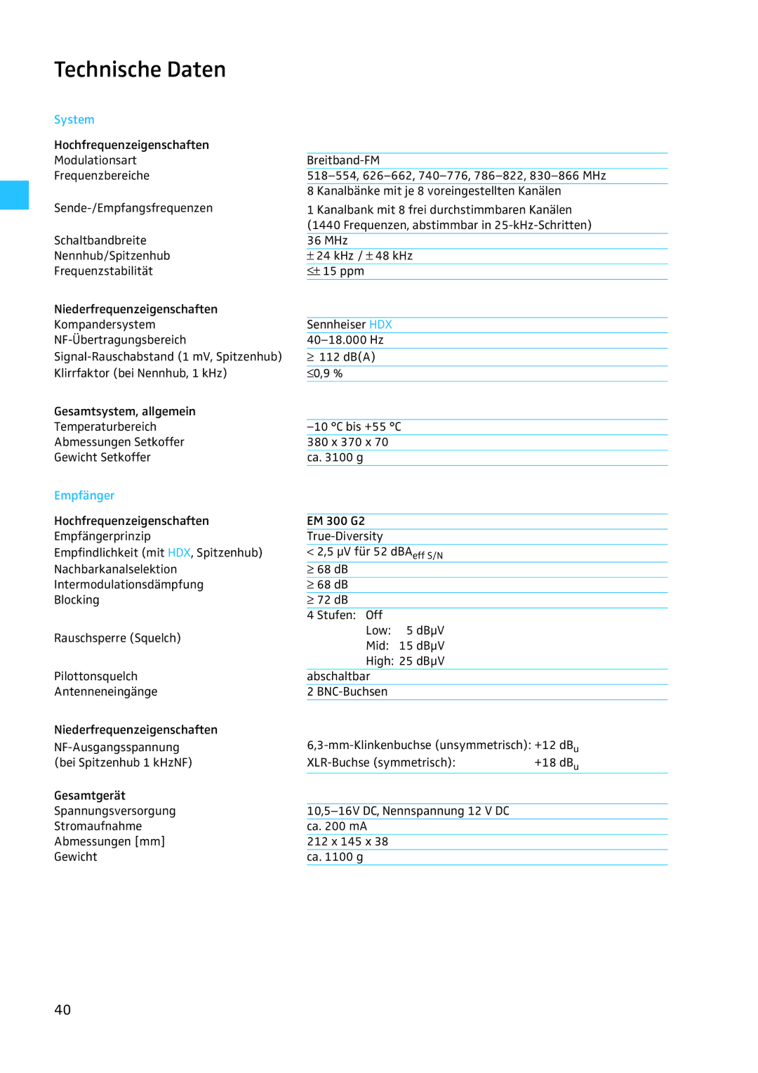 Sennheiser EW 300 G2 manual Technische Daten, System, Empfänger 