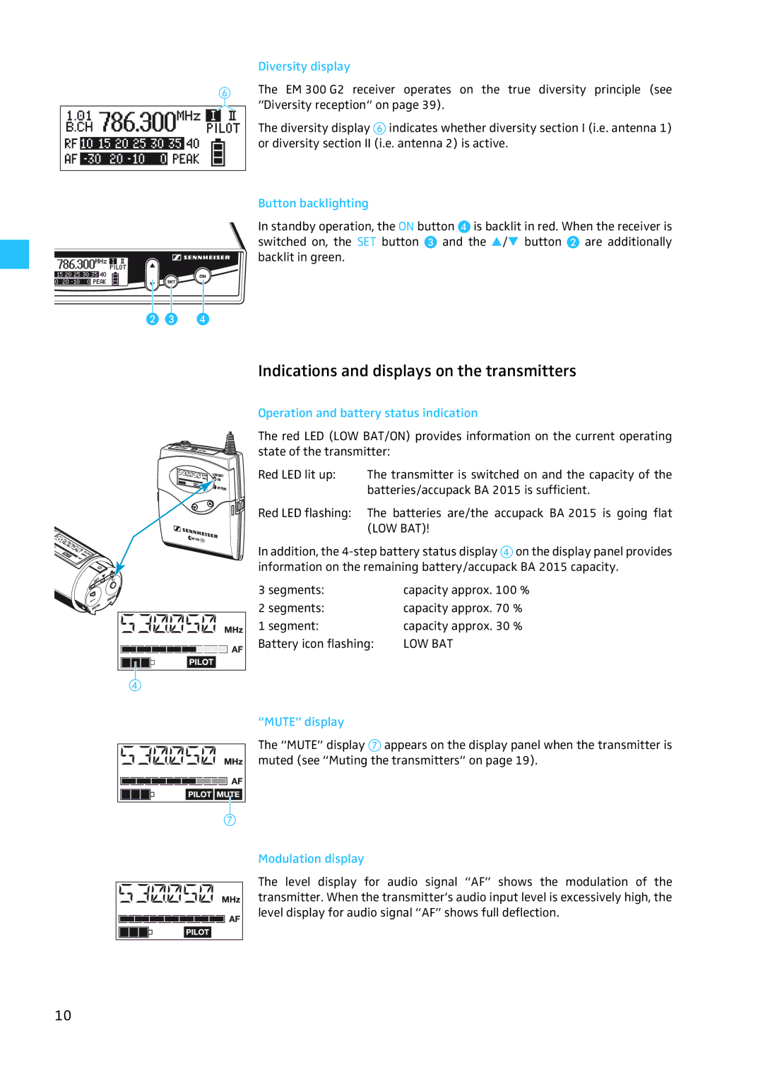 Sennheiser EW 300 G2 manual Indications and displays on the transmitters, Diversity display, Button backlighting 