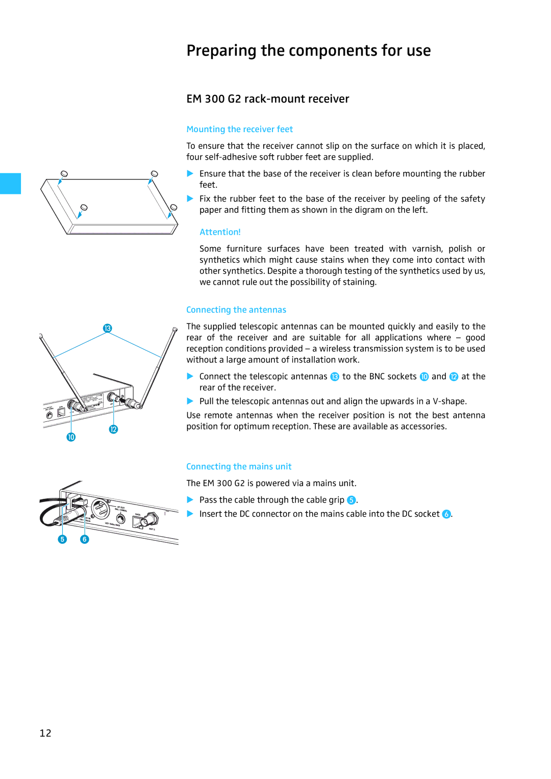 Sennheiser EW 300 G2 manual Preparing the components for use, Mounting the receiver feet, Connecting the antennas 