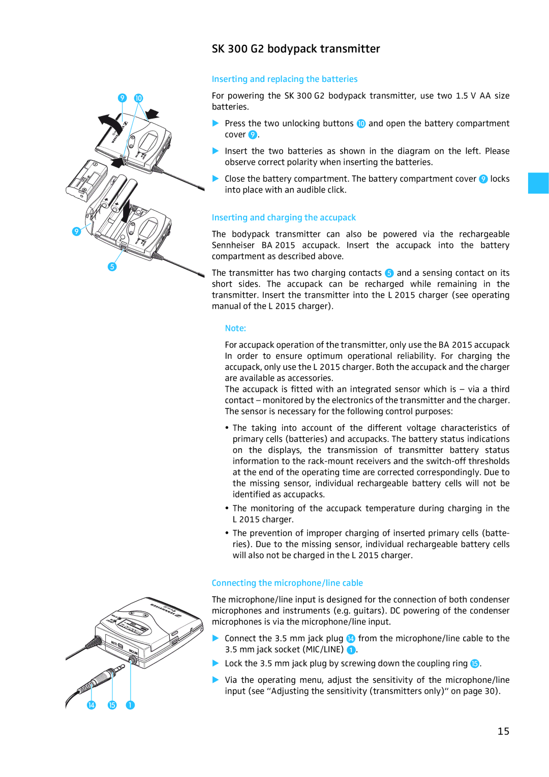 Sennheiser EW 300 G2 manual Inserting and replacing the batteries, Inserting and charging the accupack 