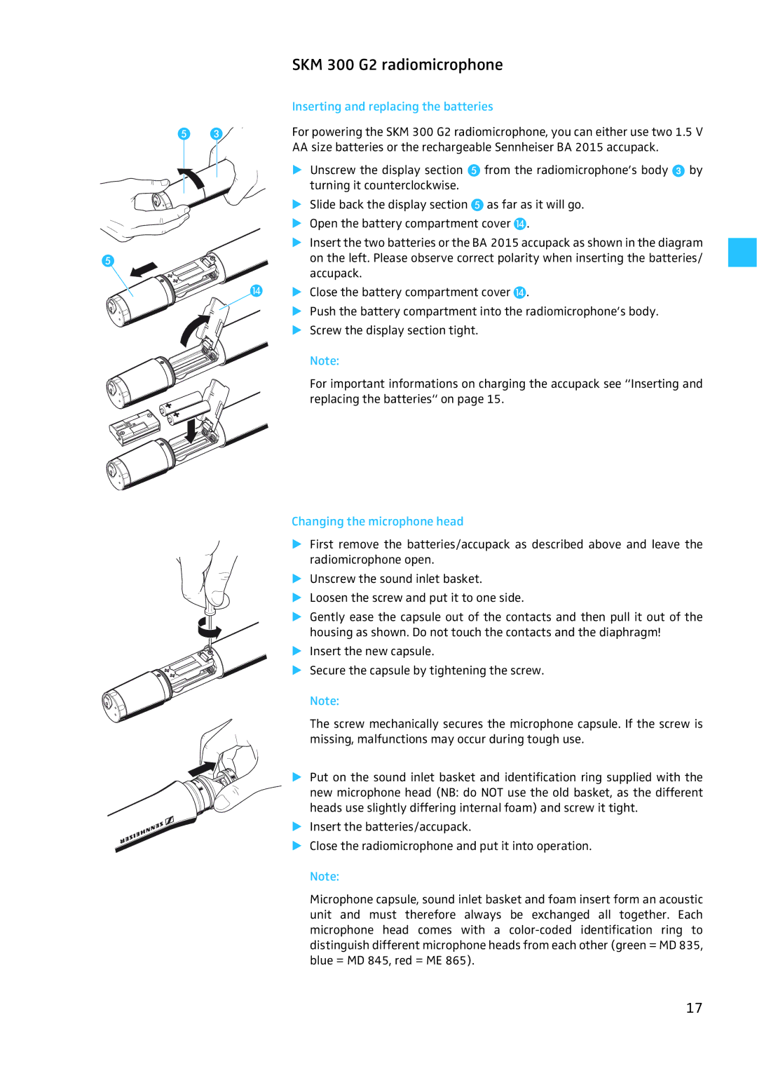 Sennheiser EW 300 G2 manual SKM 300 G2 radiomicrophone, Changing the microphone head 