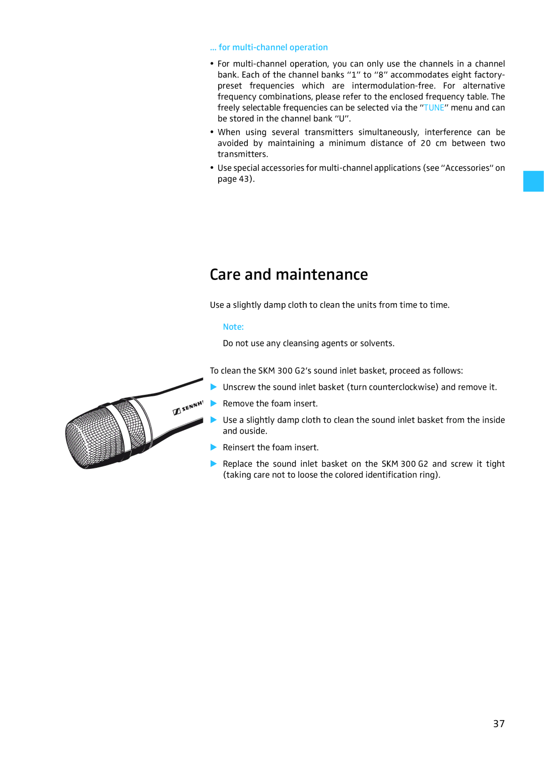Sennheiser EW 300 G2 manual Care and maintenance, For multi-channel operation 