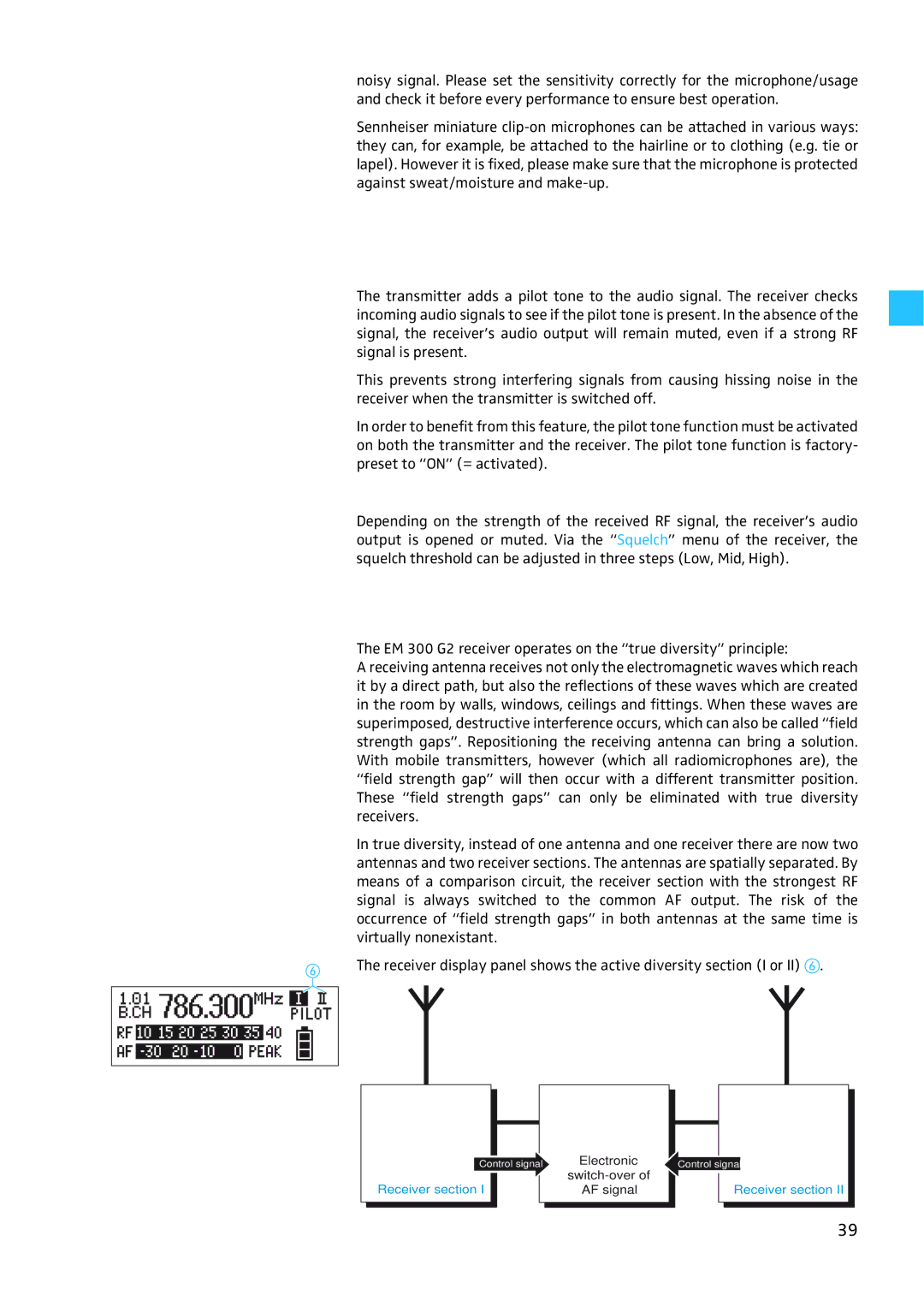 Sennheiser EW 300 G2 manual Squelch, Diversity reception, Pilot tone squelch, Field strength-dependent squelch 