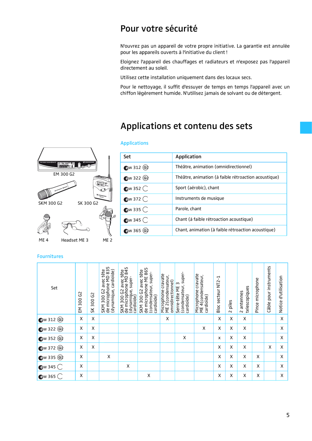 Sennheiser EW 300 G2 manual Pour votre sécurité, Applications et contenu des sets, Fournitures 