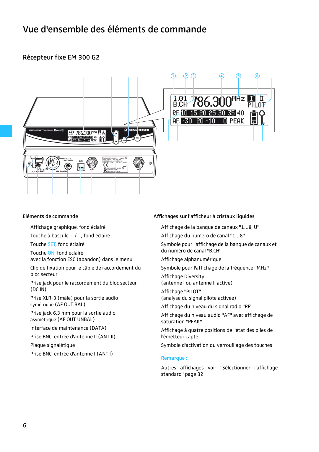 Sennheiser EW 300 G2 manual Vue densemble des éléments de commande, Récepteur fixe EM 300 G2, Remarque 