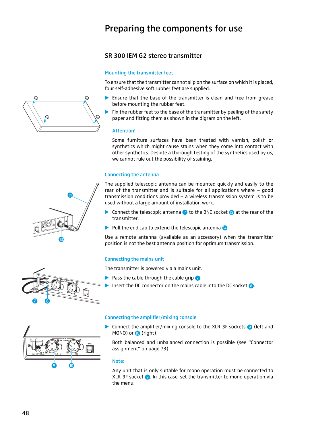 Sennheiser EW 300 IEM G2 manual Preparing the components for use, Mounting the transmitter feet, Connecting the antenna 