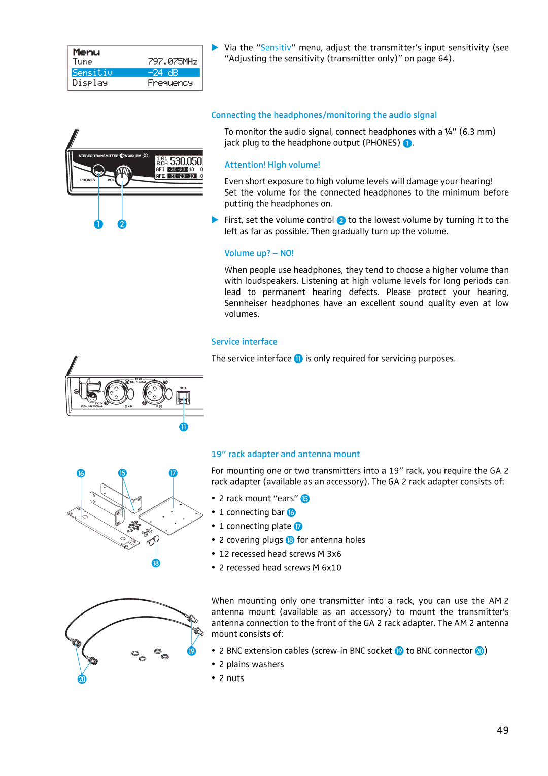 Sennheiser EW 300 IEM G2 manual Connecting the headphones/monitoring the audio signal, Volume up? no, Service interface 