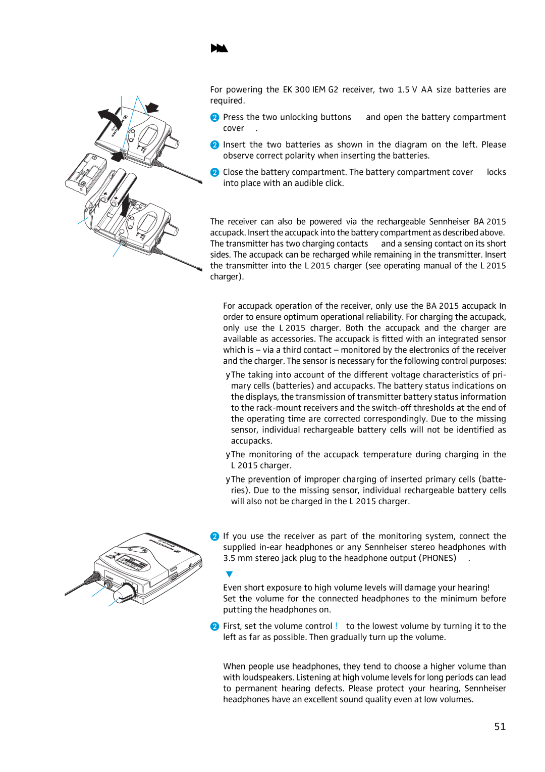 Sennheiser EW 300 IEM G2 manual Inserting and replacing the batteries, Inserting and charging the accupack 