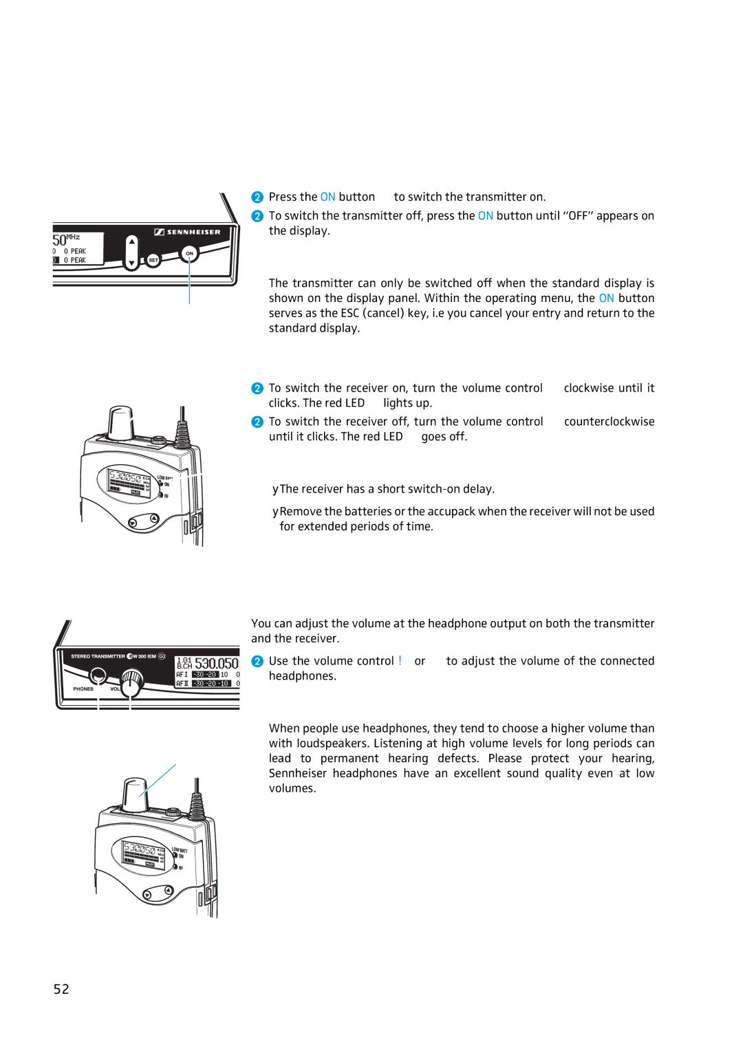 Sennheiser EW 300 IEM G2 manual Using the components, Switching the components on/off, Adjusting the volume 