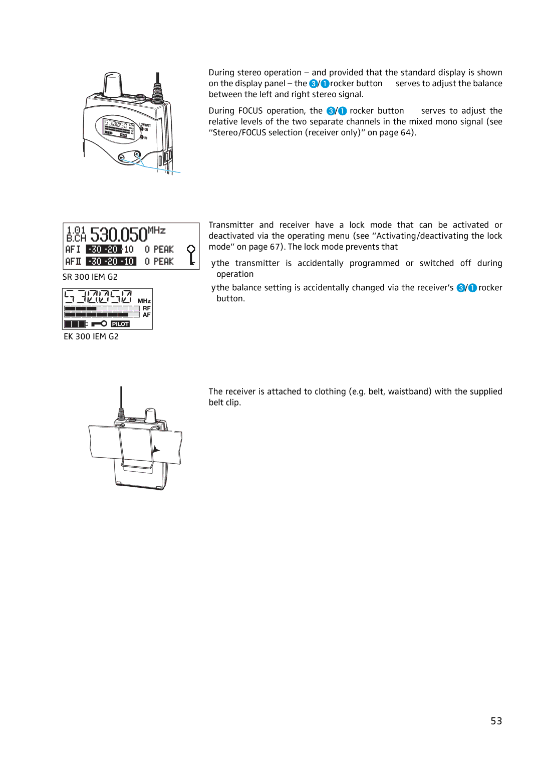 Sennheiser EW 300 IEM G2 Adjusting the balance, Activating/deactivating the lock mode, Attaching the receiver to clothing 