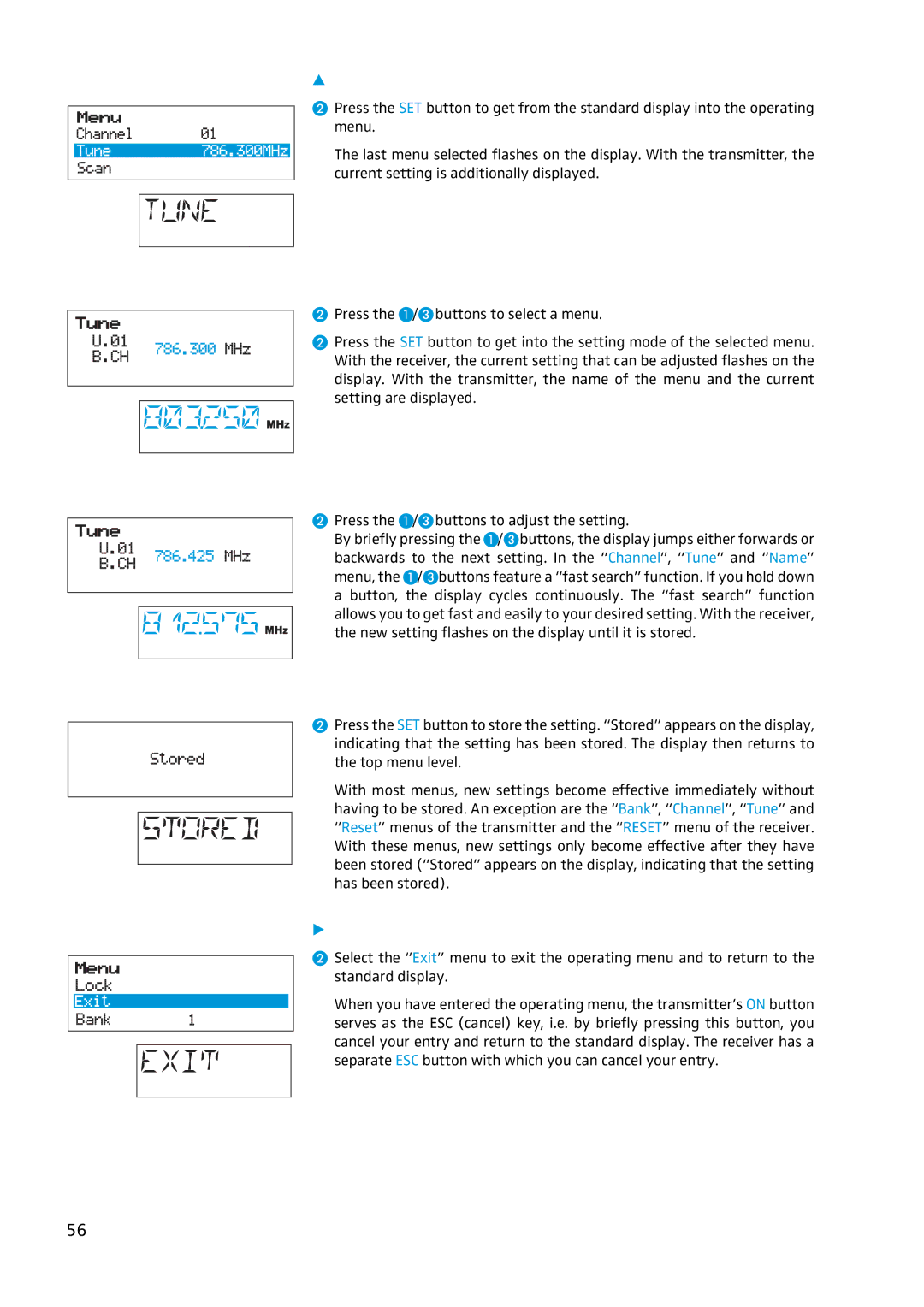 Sennheiser EW 300 IEM G2 manual Getting into the operating menu, Selecting a menu, Adjusting a setting, Storing a setting 