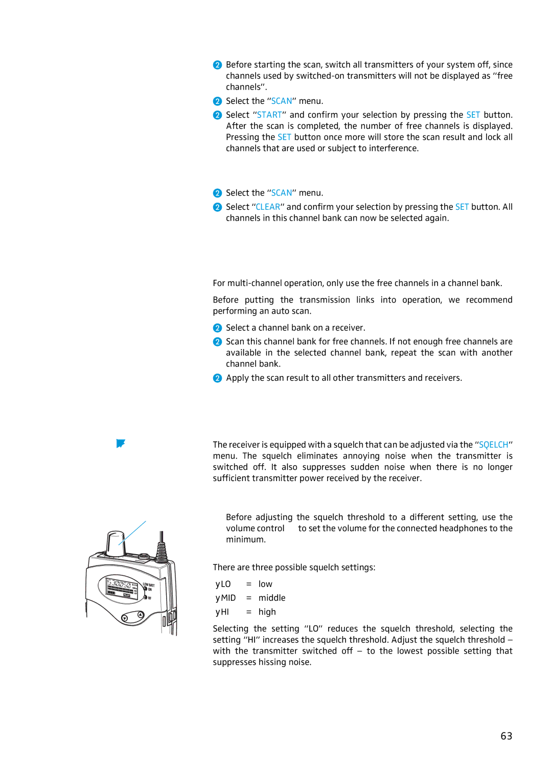 Sennheiser EW 300 IEM G2 Multi-channel operation, Adjusting the squelch threshold receiver only, Releasing locked channels 