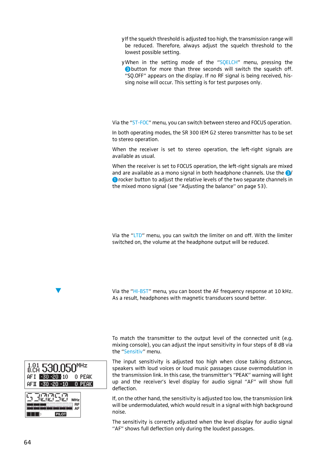 Sennheiser EW 300 IEM G2 manual Stereo/FOCUS selection receiver only, Adjusting the sensitivity transmitter only 