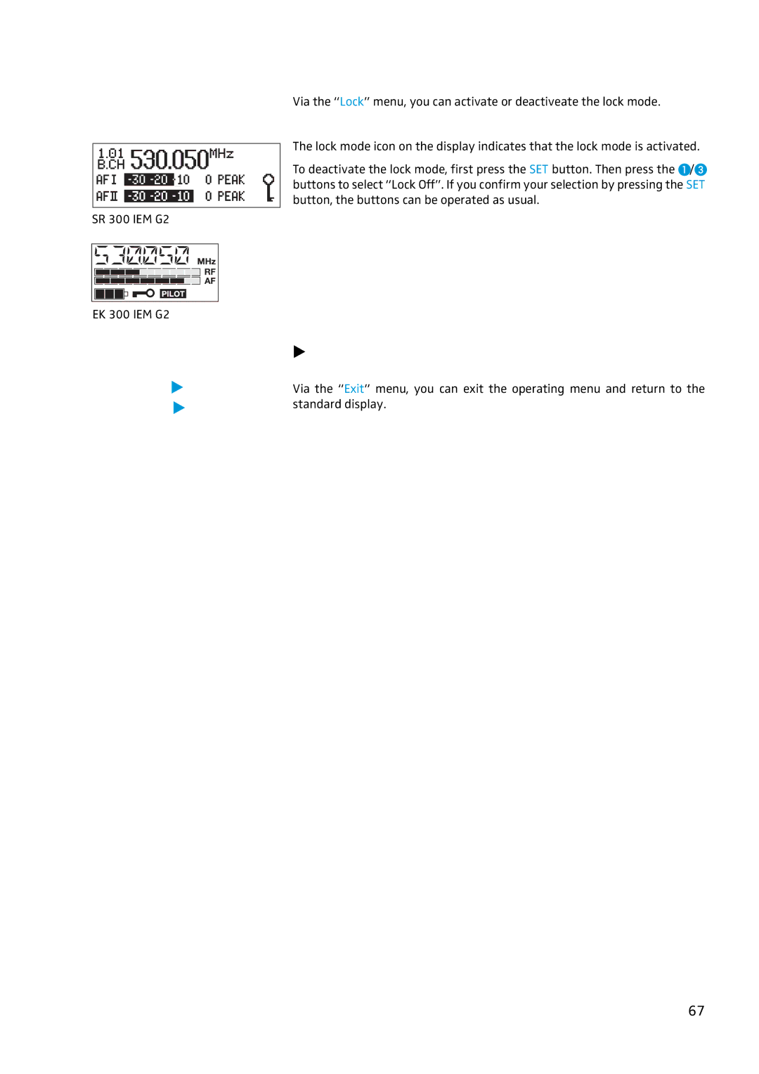 Sennheiser EW 300 IEM G2 manual Exiting the operating menu 