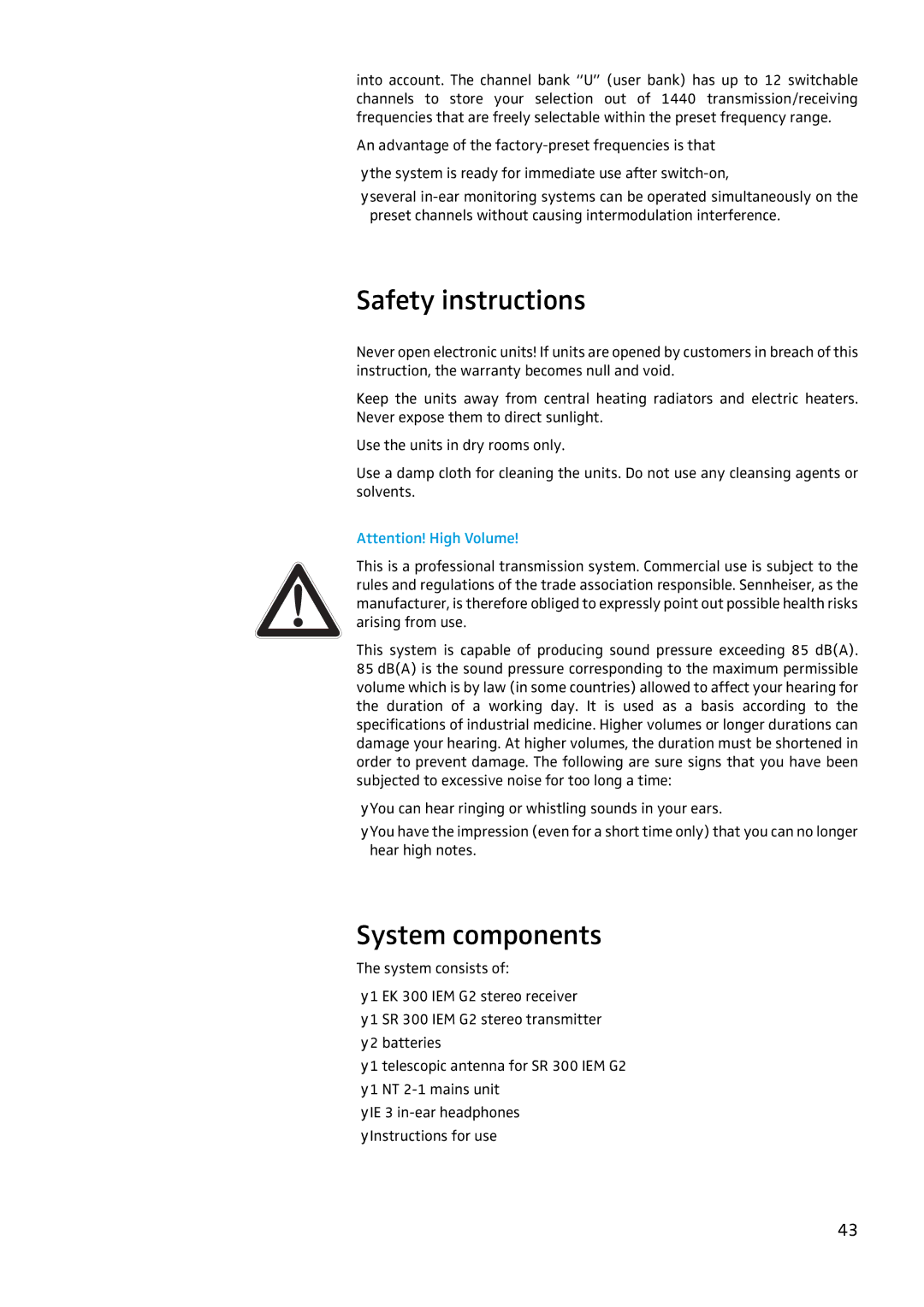 Sennheiser EW 300 IEM G2 manual Safety instructions, System components 