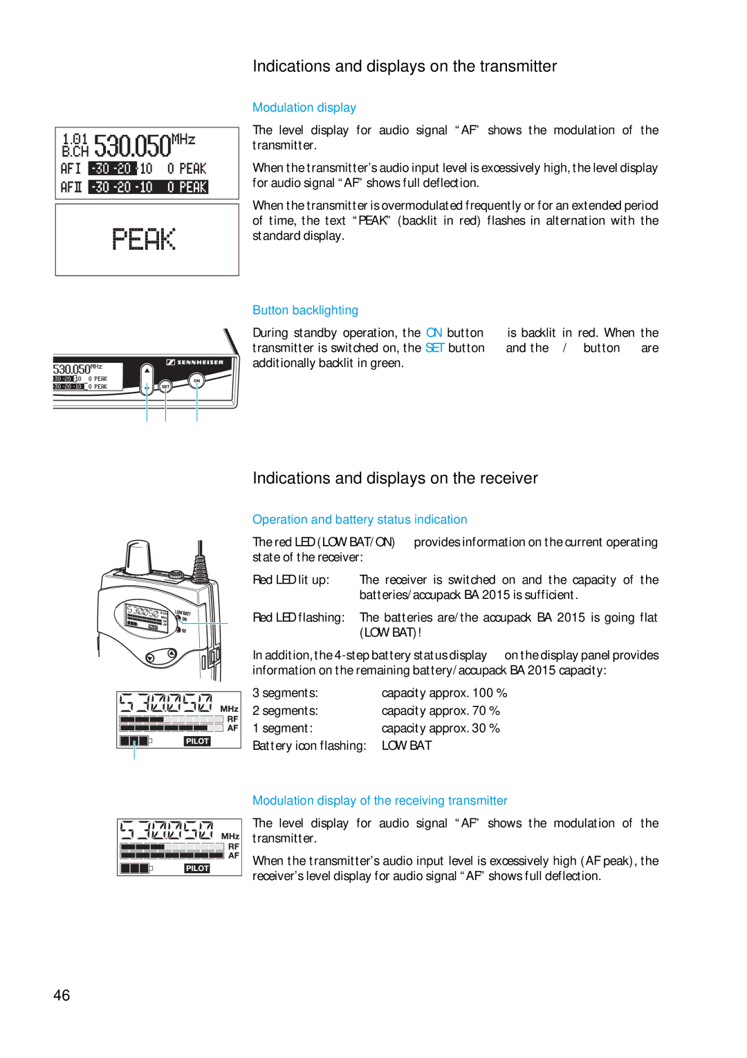 Sennheiser EW 300 IEM G2 manual Indications and displays on the transmitter, Indications and displays on the receiver 