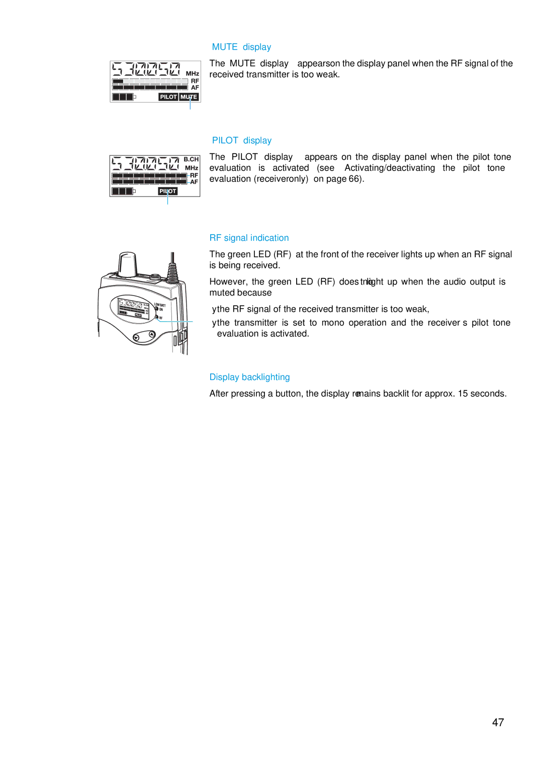 Sennheiser EW 300 IEM G2 manual Mute display, Pilot display, RF signal indication, Display backlighting 