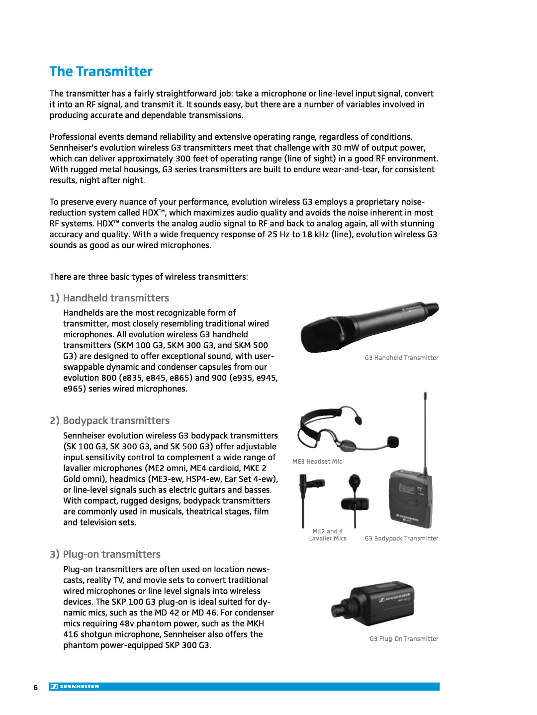 Sennheiser ew 300IEM G3 manual The Transmitter, Handheld transmitters, Bodypack transmitters, Plug-ontransmitters 