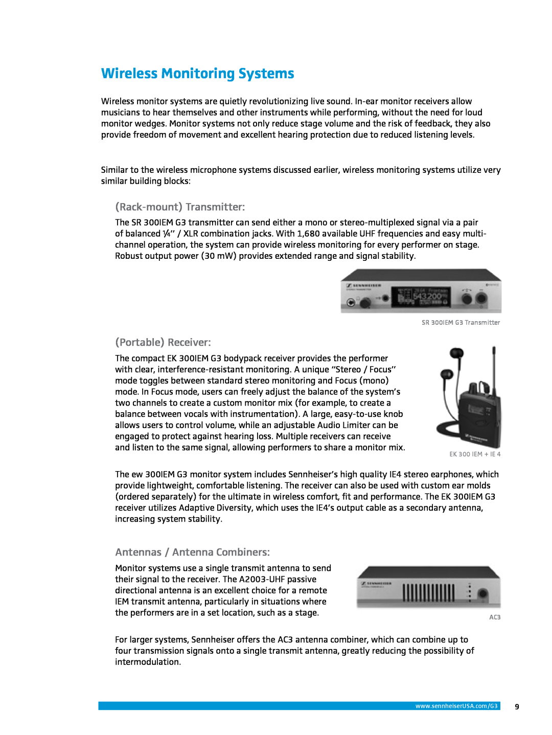 Sennheiser ew 300IEM G3 manual Wireless Monitoring Systems, Rack-mountTransmitter, Portable Receiver 
