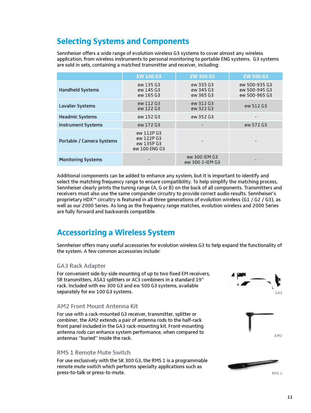 Sennheiser ew 300IEM G3 manual Selecting Systems and Components, Accessorizing a Wireless System, GA3 Rack Adapter 