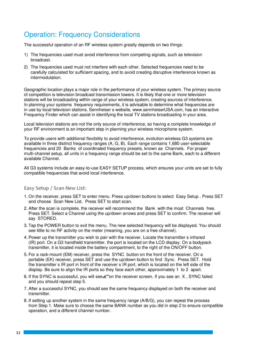 Sennheiser ew 300IEM G3 manual Operation Frequency Considerations, Easy Setup / Scan New List 