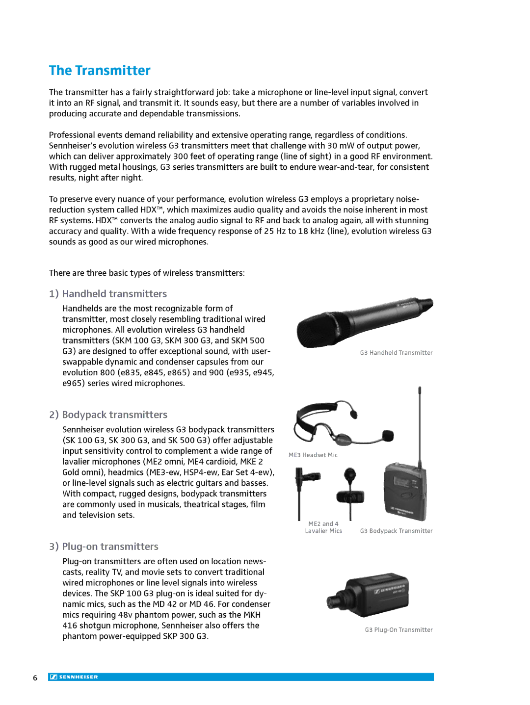 Sennheiser ew 300IEM G3 manual Transmitter, Handheld transmitters, Bodypack transmitters, Plug-on transmitters 