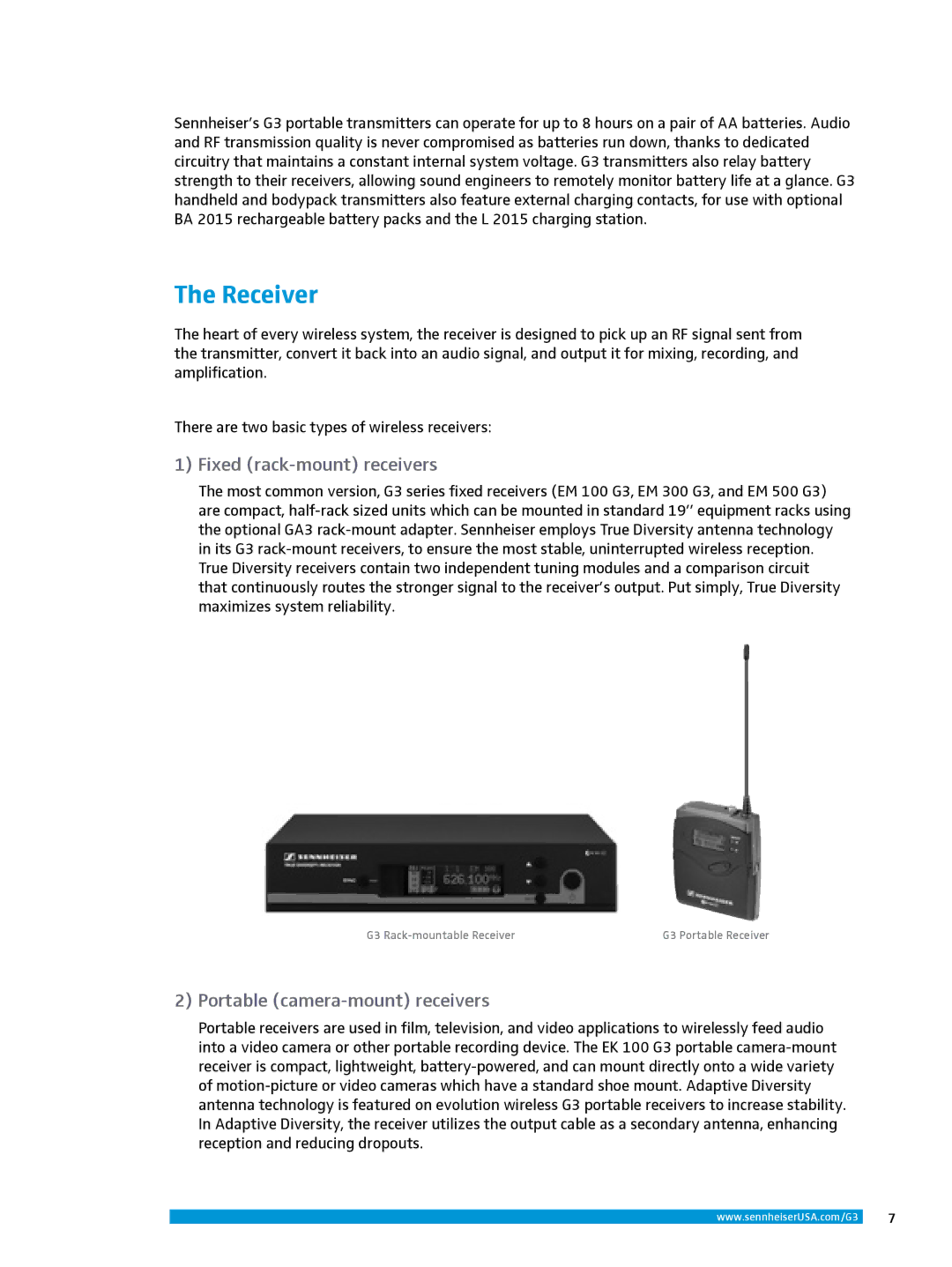 Sennheiser ew 300IEM G3 manual Receiver, Fixed rack-mount receivers, Portable camera-mount receivers 