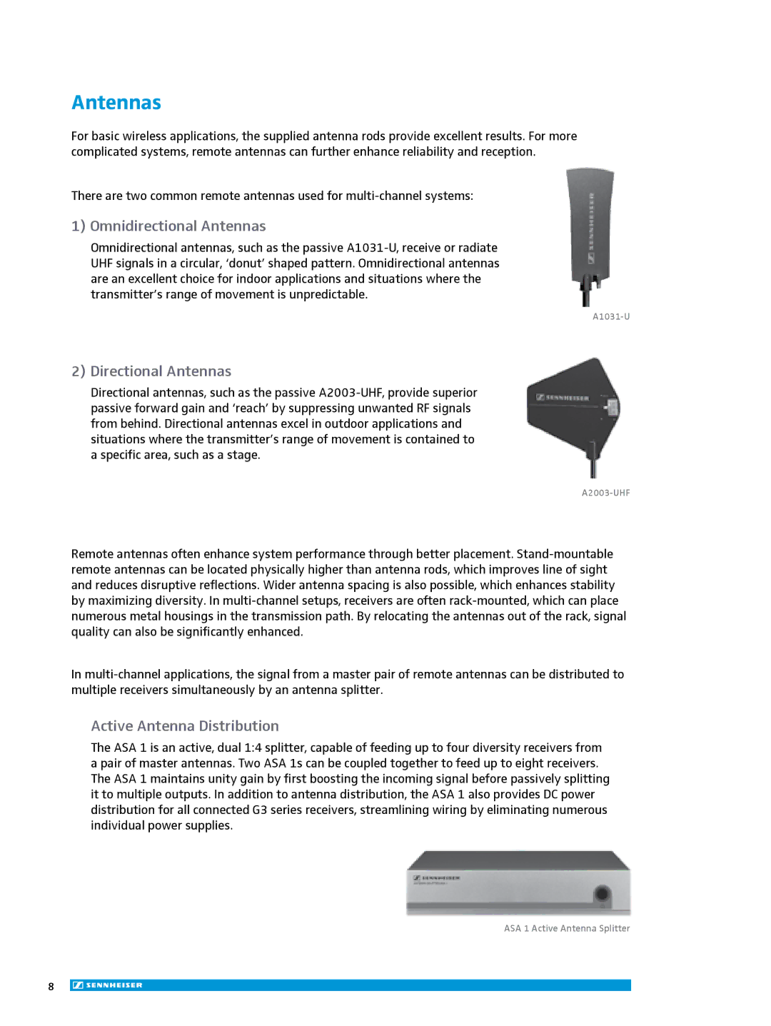 Sennheiser ew 300IEM G3 manual Antennas, Omnidirectional antennas, Directional antennas, Active antenna distribution 