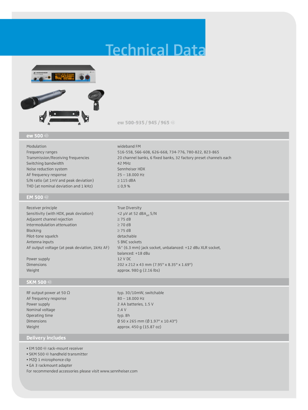 Sennheiser ew 500 g manual Technical Data, Ew 500 g, EM 500 g, SKM 500 g, Delivery includes 