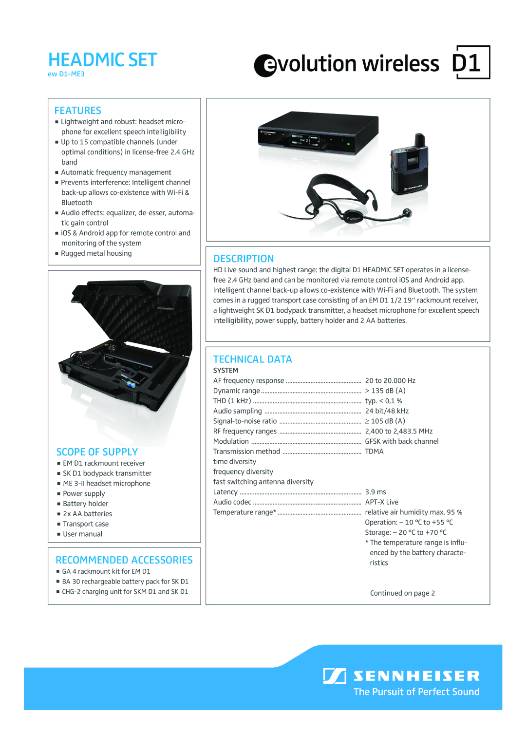 Sennheiser ew D1-ME3 user manual Features, Scope of Supply, Description, Technical Data 