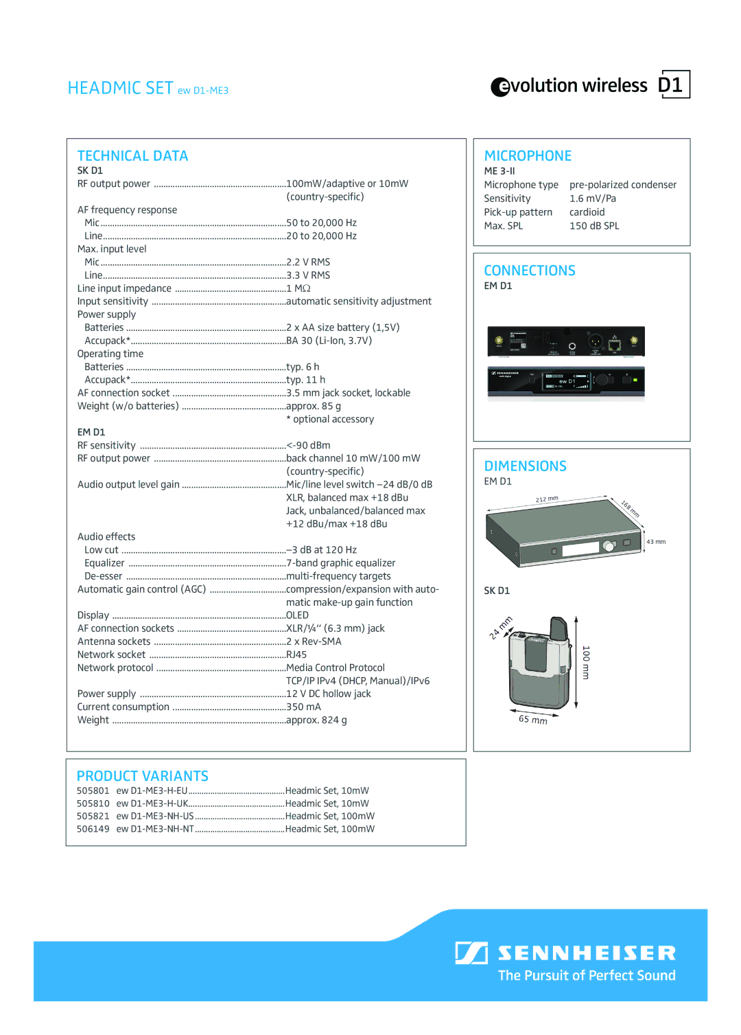 Sennheiser ew D1-ME3 user manual Product Variants, Microphone, Connections, Dimensions 