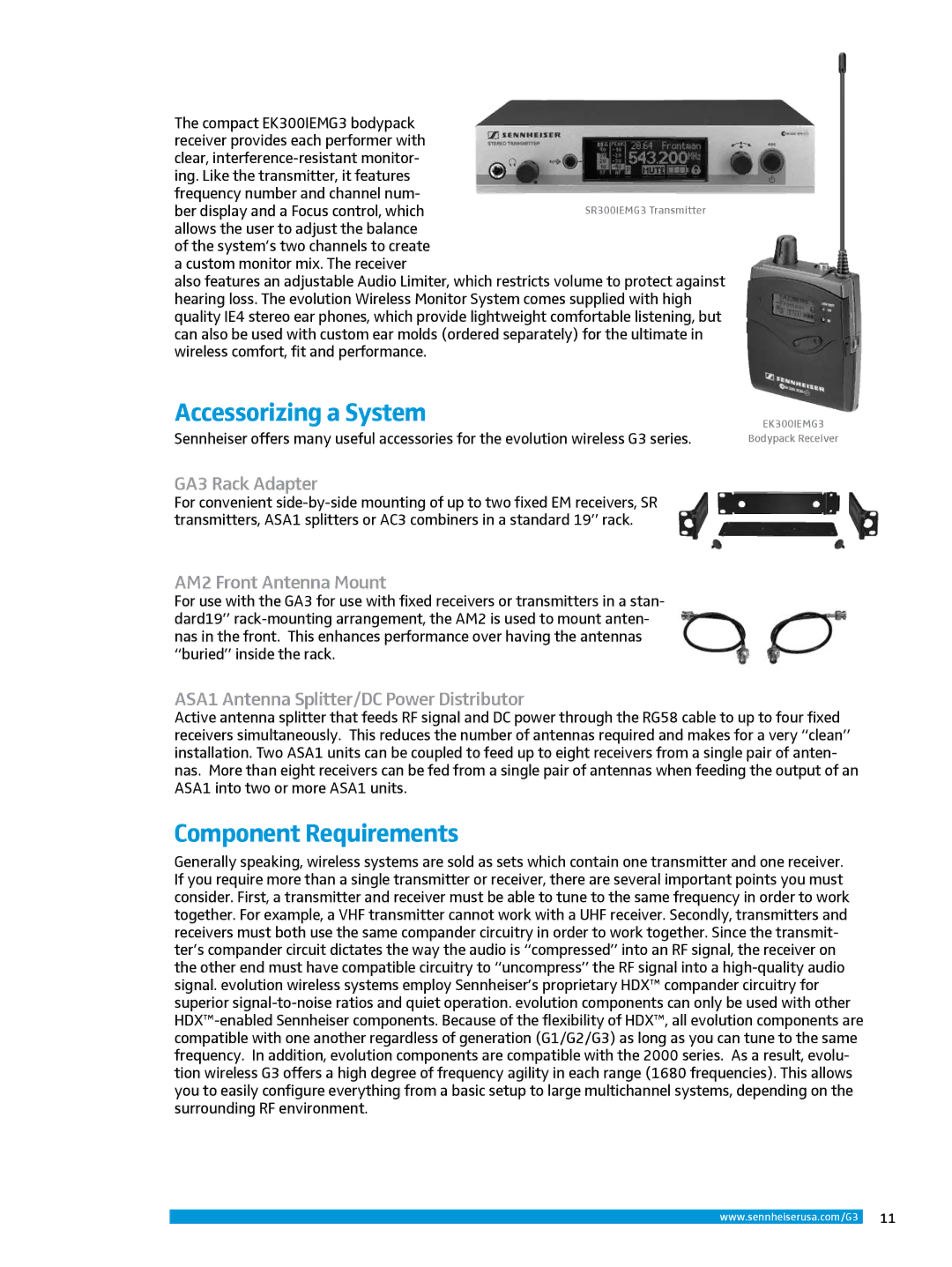 Sennheiser EW300IEMG3, EW335G3 Accessorizing a System, Component Requirements, GA3 Rack Adapter, AM2 Front Antenna Mount 