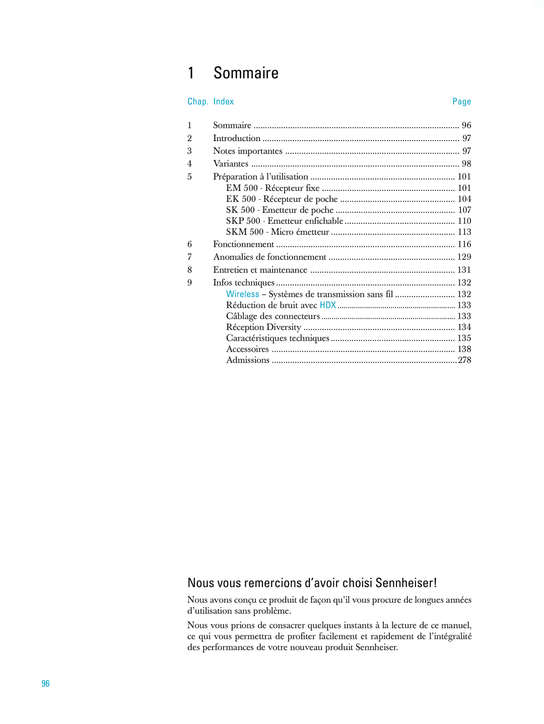 Sennheiser ew500 manual Sommaire, Nous vous remercions d’avoir choisi Sennheiser, Chap Index 